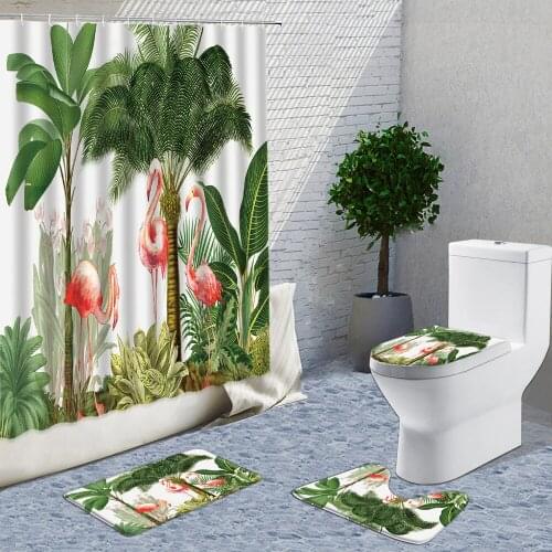 Flamingo Shower Curtain Fabric 4pcs Set Animal Pattern Bathroom Set With Stitch Rugs And Curtains Flannel Mats Toilet Cover