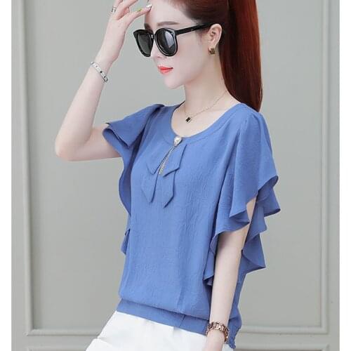 Women Spring Autumn Style Chiffon Blouses Shirts Lady Casual Short Ruffles Sleeve O-Neck Blusas Tops ZZ0282