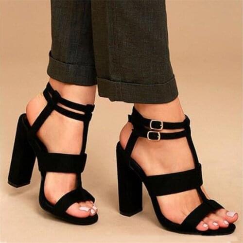 Women Flock High Heels Sandals Lady Ankle Buckle Strap Gladator Sandals 2020 Summer Female Square Heel Party Shoes Plus Size 43
