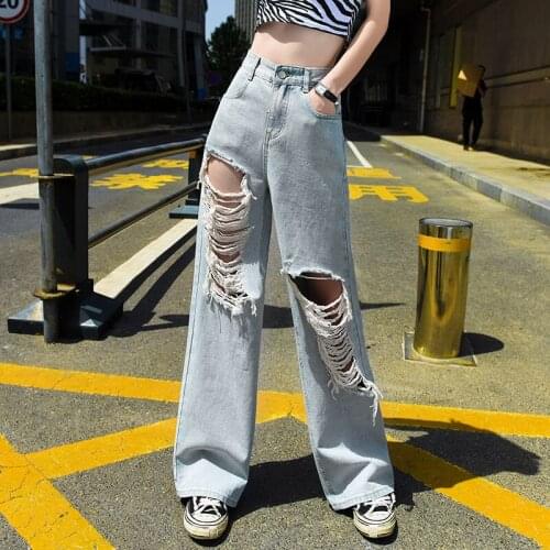 Oversized Womens Jeans Holes Ripped Blue Beggar Loose Wide Leg Denim Pants Summer Straight Full Length Jean Trousers P154