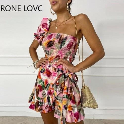 Women Floral One Shoulder Shirring Top & Wrap Skirt Two Pieces Set