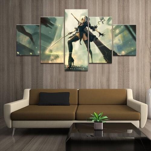 5 Panel NieRAutomata 2B Game Canvas Printed Painting For Living Room Wall Art Home Decor HD Picture Artworks Modern Poster