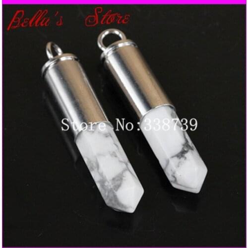 5pcs Natural White Howlite Gems Point Bullet Pendant Hexagon Healing Quartz Druzy Pendant Real Silver Plated Casing Pendant
