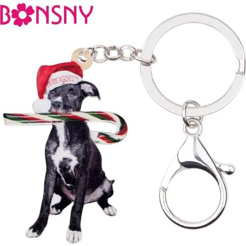 Bonsny Acrylic Christmas Black Beagle Dog Candy Cane Key chains Car Purse Bag Pet Key Rings Decorations For Lady Girl Charm Gift