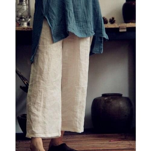 QPFJQD Ladies Loose Ramie Elastic Waist Wide Leg Trousers Plus Size Summer Autumn Women Summer Casual Vintage Pants 2021