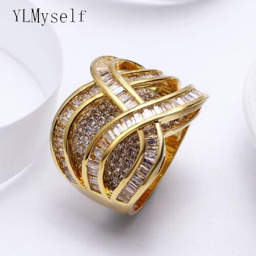 White and Gold color rings pave bright crystal zircon cross Lines design bijuteria feminina anelli Trendy jewelry big women ring