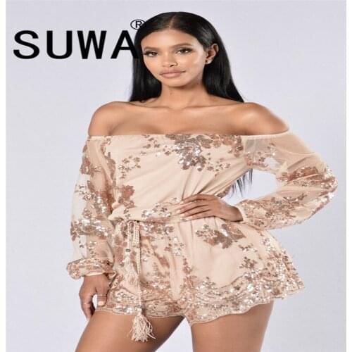 Fashion Sequin Romper Women Jumpsuit Summer Elegant Sexy Full Sleeve Overalls Ladies Club Bodysuit