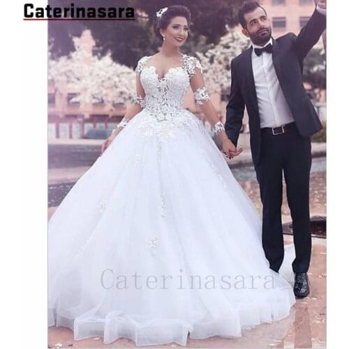 Illusion Net Scoop Neck Long Sleeves Zipper Wedding Dress Lace Applique Bridal Gown