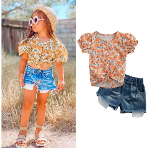 Fashion Toddler 2PCS Clothes Set 2021 Kids Baby Girls Summer Clothes Girl Floral Shirt Tops+Ripped Denim Shorts Clothing Suits