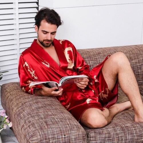 Men Satin Kimono Bathrobe Pajama Set Sleepwear Night Gown + Shorts Sleep V-Neck Long Sleeve Dragon Print