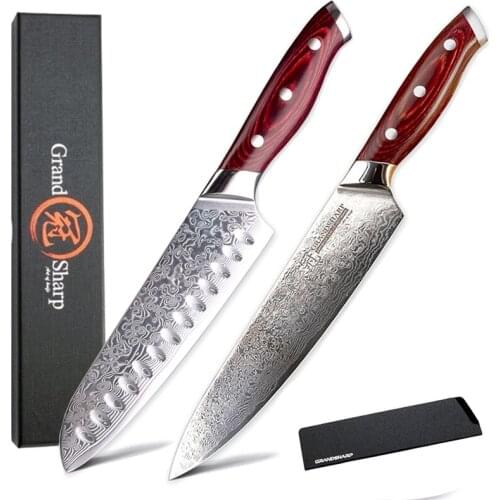 Knife Set 2pcs Damascus Kitchen Knives Chef Santoku Knife Japanese Damascus Stainless Steel vg10 Knives Gift Box GRANDSHARP