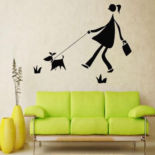 Girl Walking With Puppy Pets Wall Sticker Pet Shop Interior Vinyl Art Murals Kids Children Room Decoration Nursery Wall Decals
