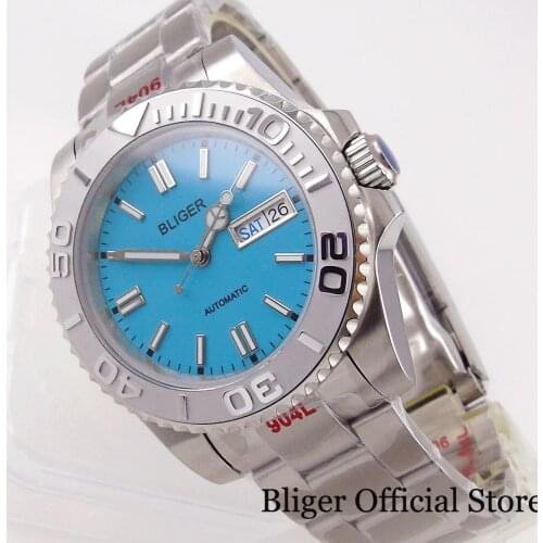 BLIGER New Sky Blue NH36A Movement Selfwinding Men Wristwatch Brushed Grey Insert Oyster Glide Lock Clasp Weekday Window