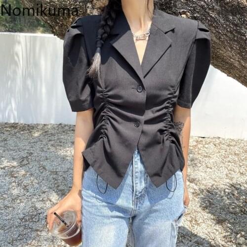 Nomikuma Drawstring Notched Collar Shirts Single Breasted Short Sleeve Blouses Solid Color Korean Style Blouse Blusas Mujer