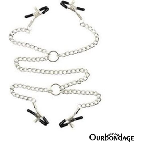 Ourbondage Metal Traditional Four Head Nipple Clamps Clips and Labia Clips With Chains Adult Sex Toys For Women Lesbian Couples