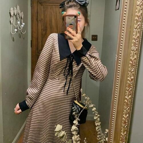 Plaid Elegant Dress Evening Female Korean Style One-Piece Fashion Lady Clothes Spring Women Long Sleeve High Waist Vintage Dress