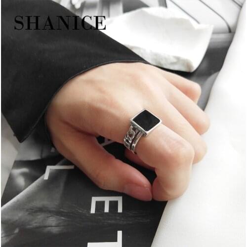 SHANICE 925 Sterling Silver Open Rings Simple Retro Thai Silver Chain Epoxy Chain Square Stone Hippie Punk Biker Spinner Ring