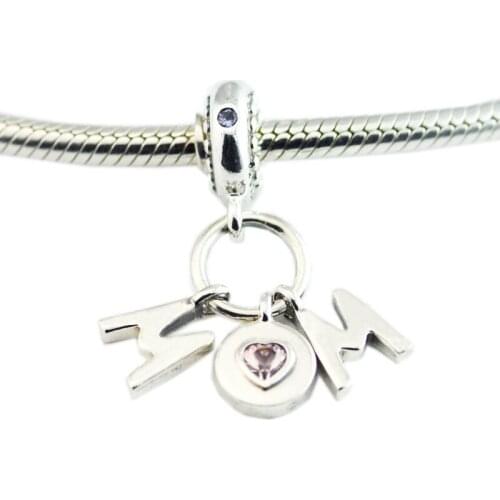 MOM Dangle Crystal Charms for Bracelets Women 925 Sterling Silver Jewelry Pink CZ Mother Day Silver Charms for Jewelry Making