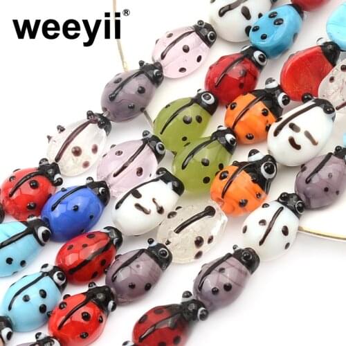 Hot 10x15mm Green Red Blue Mixed Colours Lampwork Glass Ladybug Beads Flower Patterns for Jewelry Making DIY Accessories