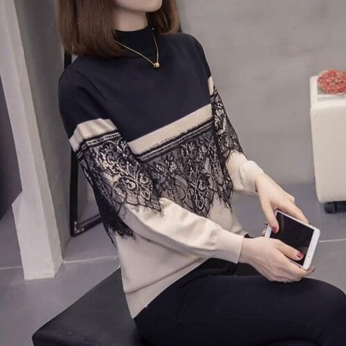 Korean Slimming Knit Pullover Sweater Autumn And Winter Plus Size Womens Loose Lace Stitching Fashion Design Jumper Tops zh1648