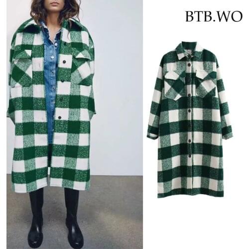 BTB.WO Za 2021 Trench Coat Women Fashion Classic Plaid Long Coat Vintage Long Sleeve Pockets Female Outerwear