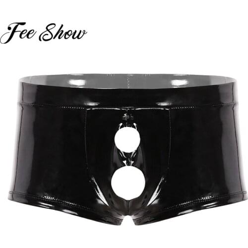 Men Wet Look Leather Boxer Underwear Sissy Slip Panties with Penis Hole Sexy Low Rise Jockstrap Boxer Shorts Hot Lingerie