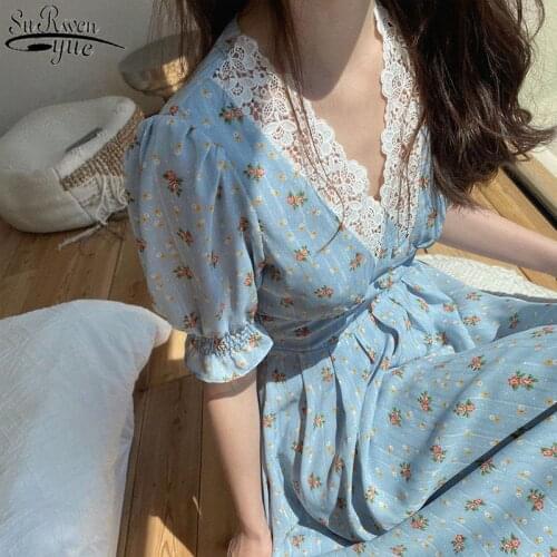 Vintage Floral Dress Women Elegant Lace Chiffon Korean Party Dress Puff Sleeve V Neck Midi Dress Fall Dresses for Women 13574