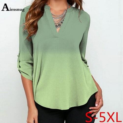Plus Size 4xl 5xl Women Elegant Leisure Casual T-shirt Gradient Print Top Long Sleeve 2021 Spring Autumn V-neck Tees shirt Femme