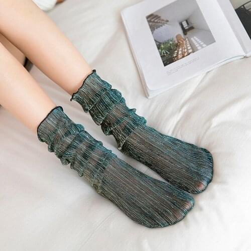 Womens Ruffle Socks Fashion Crystal Silk Funny Socks Women Mesh Shiny Short Socks Transparent Elastic Funny Sox