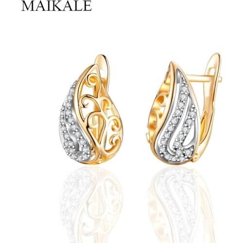 MAIKALE New Classic Cubic Zirconia Gold Statement Stud Earrings Hollow Leaf Earrings for Women Jewelry Simple Gift Brincos