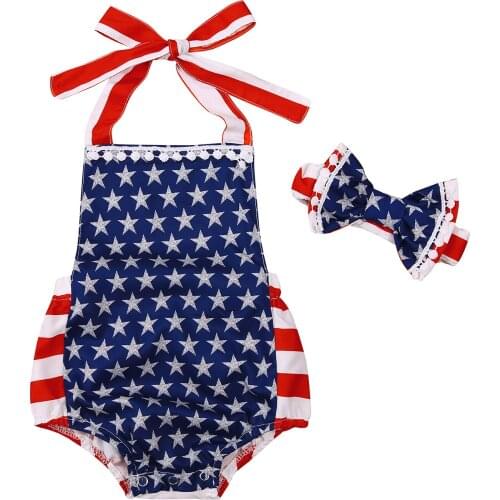 2Pcs Baby Independence Day Outfit Star Stripe Halter Neck Backless Romper + Headband Suit for Toddler Girls, 0-24 Months