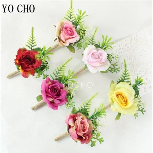 YO CHO Boutonniere Artificial Flower Silk Rose Wedding Bride Wrist Corsage Flower Man Brooch Pins Prom Party Wedding Boutonniere