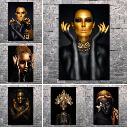 Black Woman Golden Lips Canvas Painting On the Wall Noble Women Picture Prints Canvas Poster Modern Art Pictures for Home Design