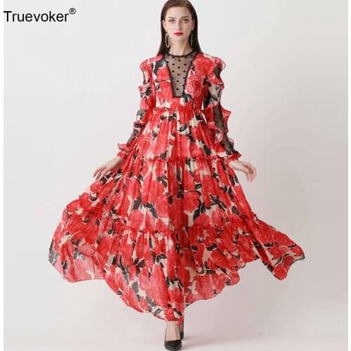 Designer Maxi Long Party Dress Womens Noble Full Sleeves Printed Sexy Sheer Lace Patchwork Resort Festa Vestidos