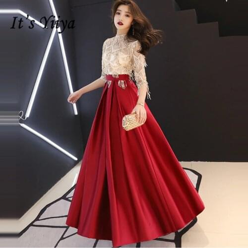 Its YiiYa Evening Dress Fashion Champagne Wine Red Patchwork Color Formal Gown Illusion Tassel Zipper Long Party Dresses E096