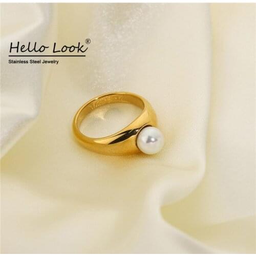 HelloLook Ins Pearl Ring Stainless Steel Ring 18k Gold Plated Classical Woman Simplicity Temperament Anniversary Gift