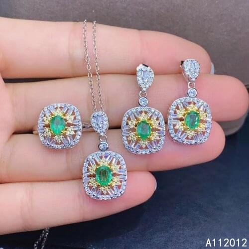 KJJEAXCMY fine jewelry natural Emerald 925 sterling silver trendy girl pendant necklace chain earrings ring set support test