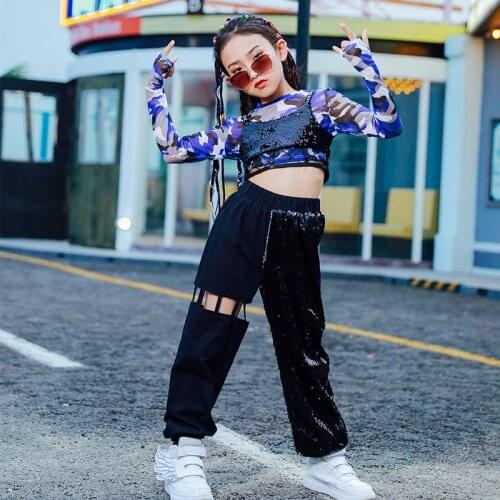 Jazz Dance Costumes For Kids Long Sleeve Camouflage Tops Black Sequin Pants Girls Street Dance Hip Hop Dance Clothing DQL4345