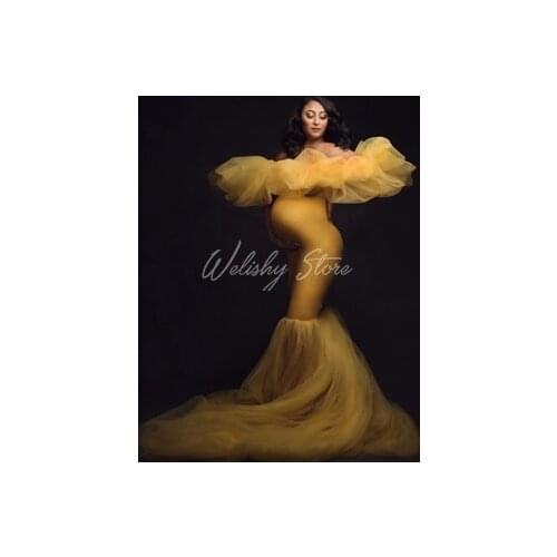 Beautiful Gold Bridal Maternity Dresses Women Sexy Puffy Tulle Skirt Elastic Spandex Mermaid Long Party Dresses Custom Made