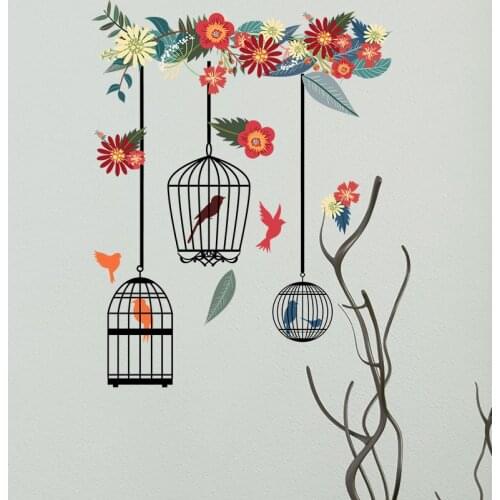 Colorful Flower Birdcage Wall Stickers For Living Room Bedroom Home Decoration Wall Decals Large Murals Art Poster PVC