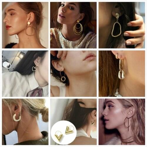 Hot Sale Geometric Heart Triangle Cross Round Earrings For Women Gold Color Star Moon Ear Ring Simple Fashion Jewelry Bijoux