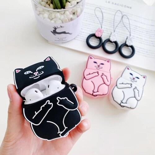 Cartoon Case Cover Silicone Bluetooth Earphone Protective Case For Apple Airpods 1 2 pro Finger Ring 3D Despise Cat