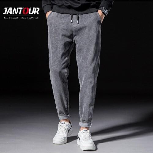 Mens Jeans 2020 Autumn Winter Gray Pencil Harem Pants Casual Drawstring Elastic Cotton Thick Regular Fit Denim Male Trousers