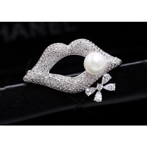 SWOUR New Bridal Jewelry White Gold Color Lip Design Flower Pearl Design Micro Cubic Zircon CZ Brooch High Quality S219