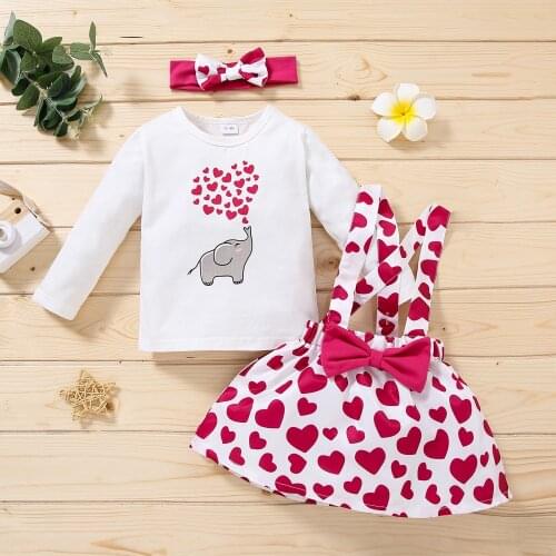 6M-4T Toddler Baby Girl Suspender Dresses Set Heart Elepant Print Sweet Pink Big Bow Skirt + Long Sleeve Top + Headband Clothes