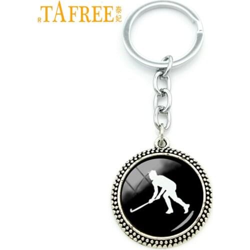 TAFREE Cool ball fans gift field hockey sports keychain glass cabochon jewelry hockey athlete men key chain KC381