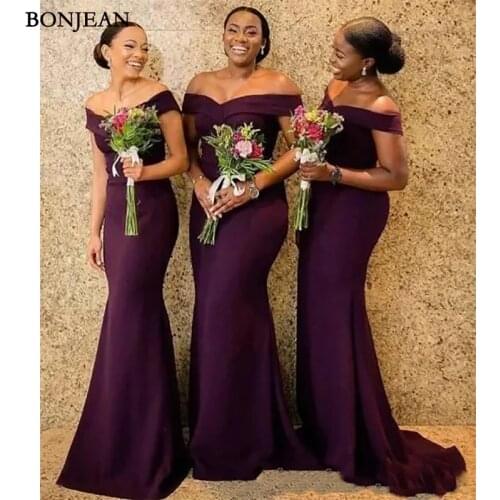 Grape Elastic Satin Mermaid Bridesmaid Dresses Saudi African Off The Shoulder Maid Of Honer Dress Back Zipper Wedding Guest Gown