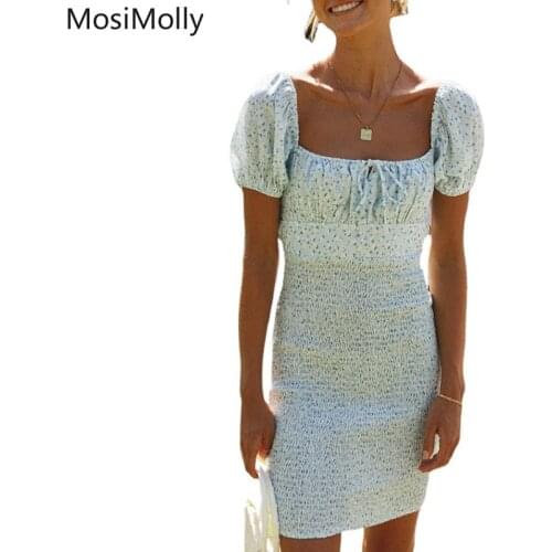 MosiMolly 2021 Boho Floral Dress Bodycon Beach Dress Backless Floral Print Dress Summer Puff Sleeve
