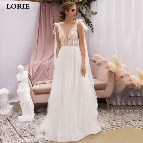 LORIE Beach Wedding Dress Lace Appliques Sexy V Neck Tulle Backless Bride Dress Weeding Gowns vestidos de novia 2021