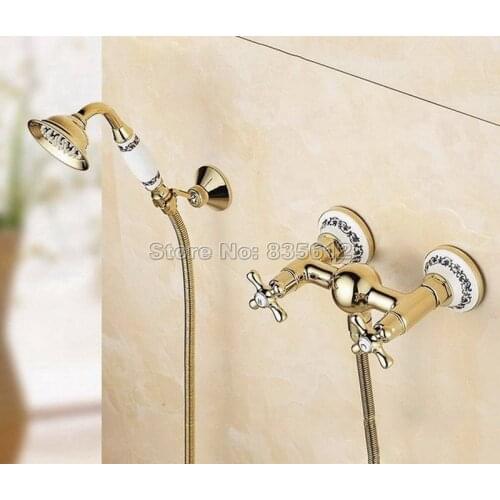 Bathroom Wall Mounted Luxury Gold Color Brass Faucet with Handheld Shower Head Dual Cross Handles Mixer Tap Wtf405